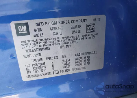 2015 Chevrolet Trax 1Lt z USA, uszkodzony, nr VIN KL7CJLSB7FB159585